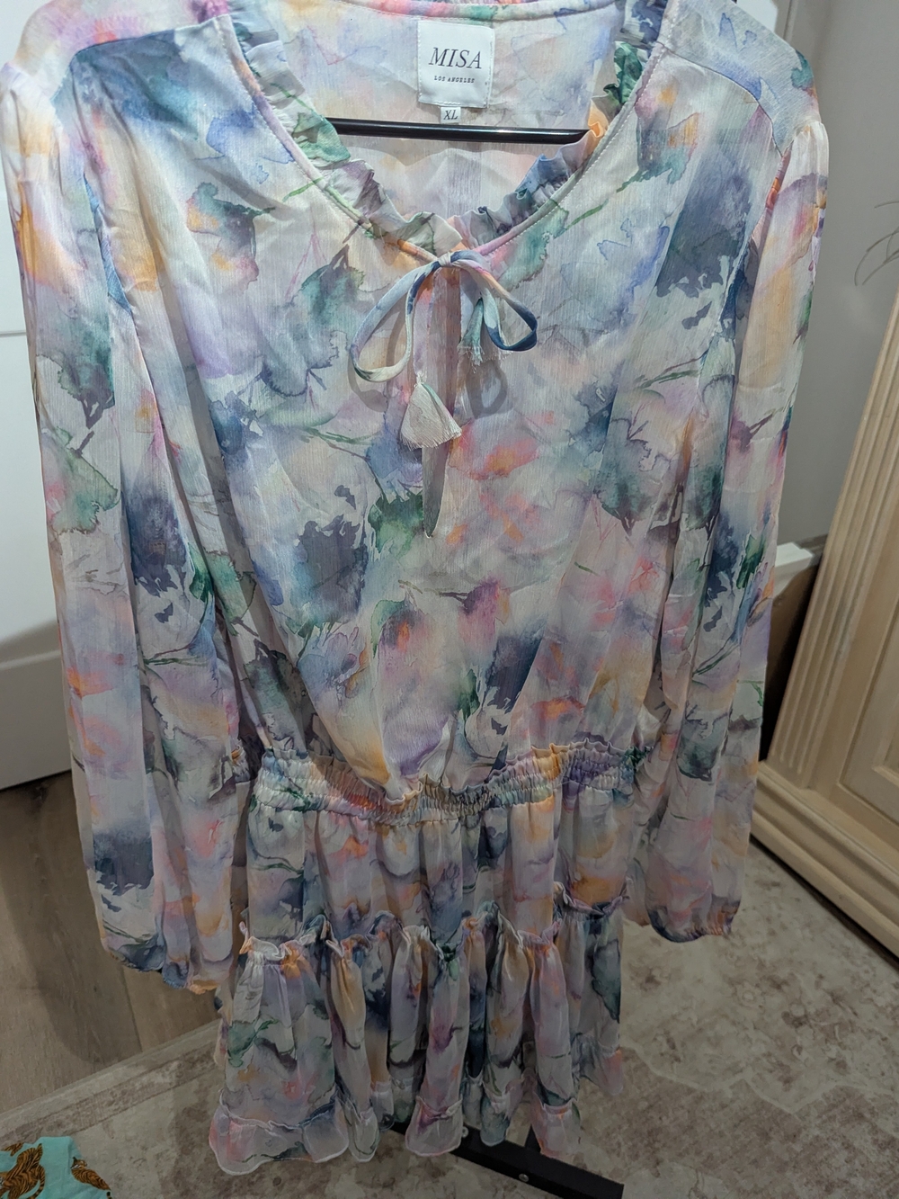 (2)Misa Los Angeles Pastel Watercolor Floral Long-Sleeve Tiered Dress